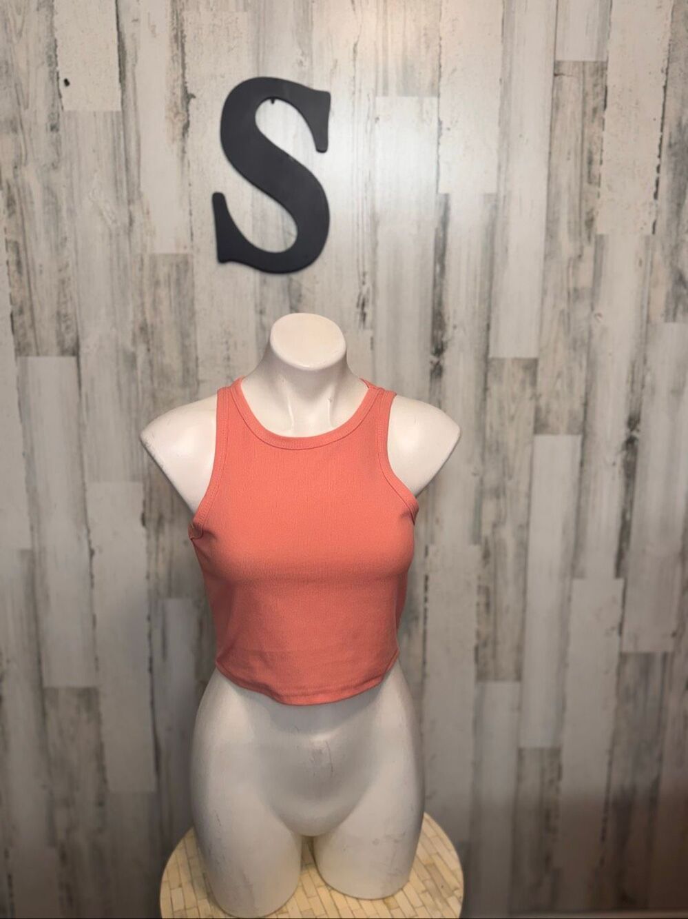 Coral Pink Ribbed High Neck Cutaway Racerback Sleeveless Crop Tank Top Small S